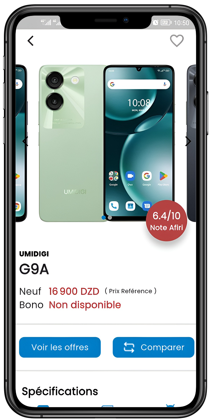 AFIRI App Home Screen - Smartphone comparison interface showing device listings and specifications